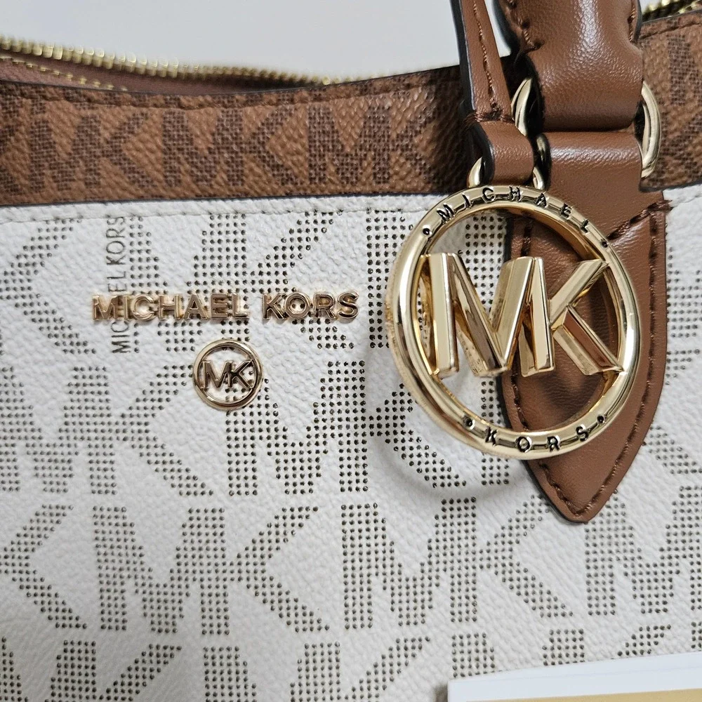 Michael Kors Austen Satchel Medium Vanilla Acorn Monogram Logo Designer Handbag*